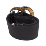Black fabric belt with adjustable strap ends and metal buckle loops