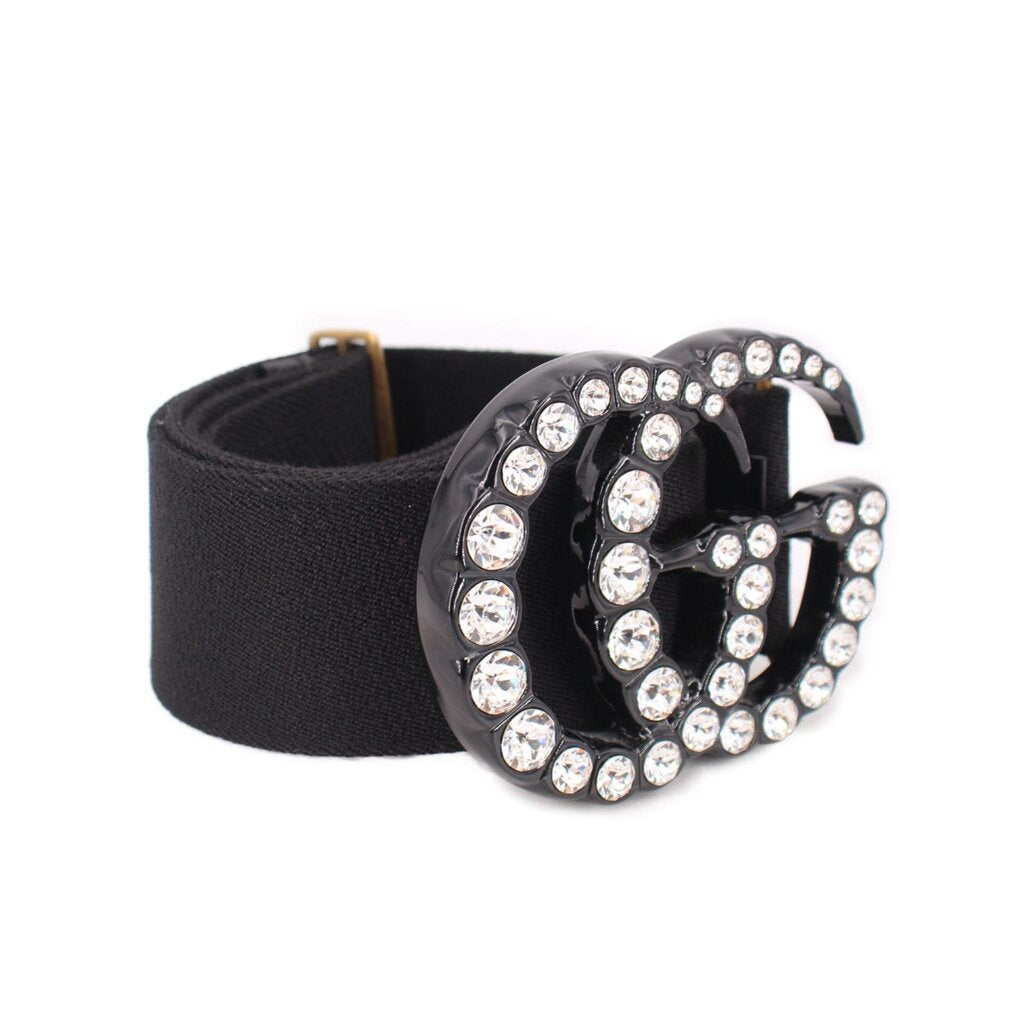 Black fabric belt with round rhinestone GG buckle detail