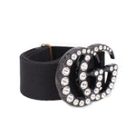 Black fabric belt with round rhinestone GG buckle detail