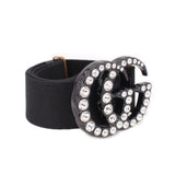 Black fabric belt with round rhinestone GG buckle detail