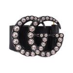 Black fabric belt with rhinestone GG buckle and adjustable strap