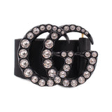 Black fabric belt with rhinestone GG buckle and adjustable strap