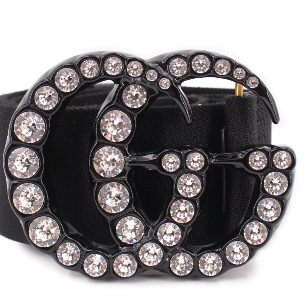 Black fabric belt with rhinestone GG buckle and heart-shaped stone border