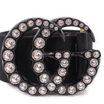 Black fabric belt with rhinestone GG buckle and heart-shaped stone border
