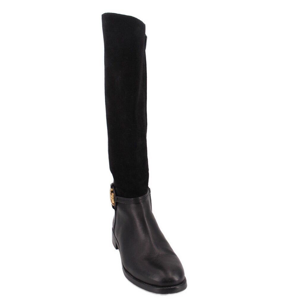 Knee-high riding boots in black with smooth upper and low stacked heel