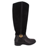 Black knee-high riding boots with side zipper and gold logo buckle at the cuff