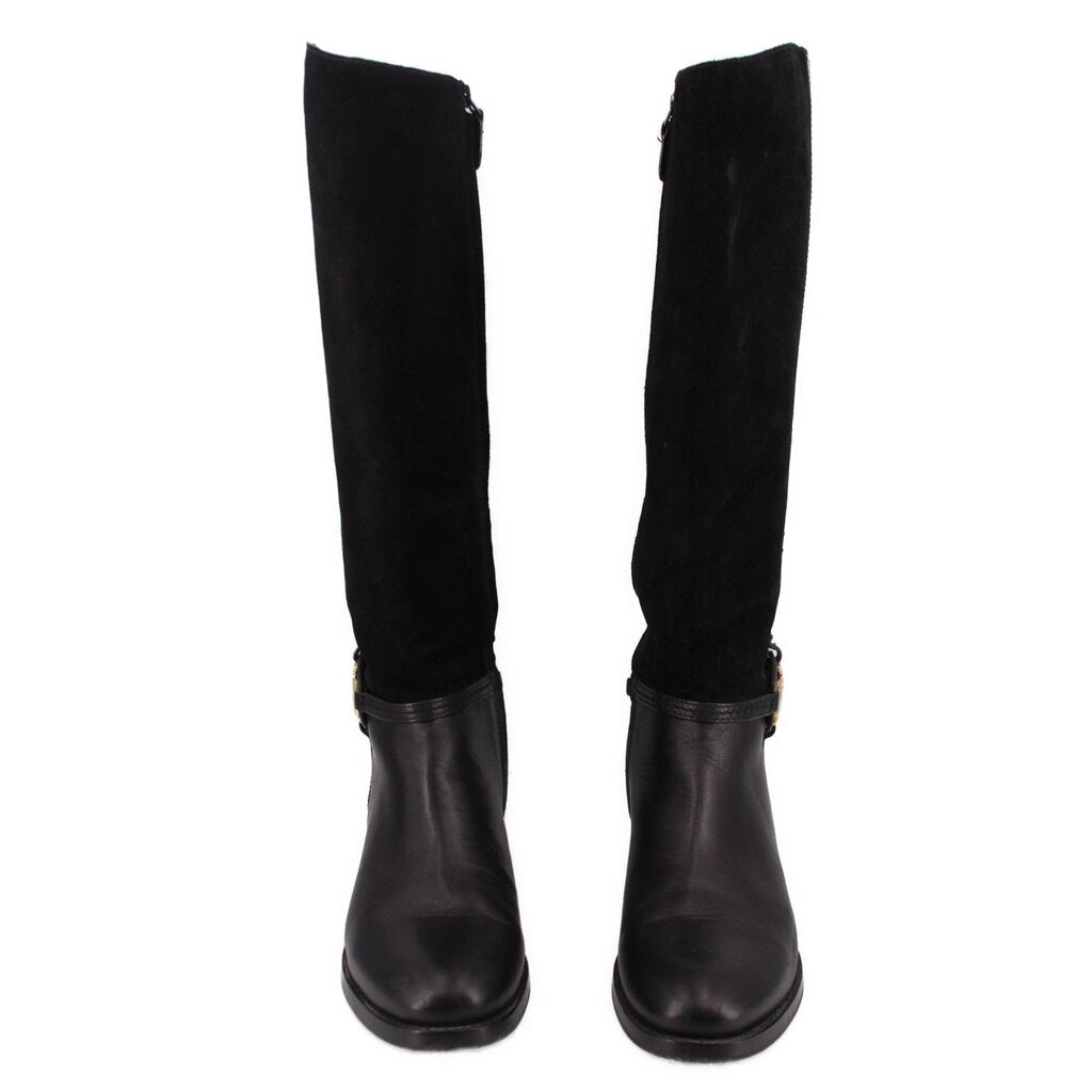 Black knee-high riding boots, front view, rounded toe and short stacked heel
