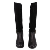 Black knee-high riding boots, front view, rounded toe and short stacked heel