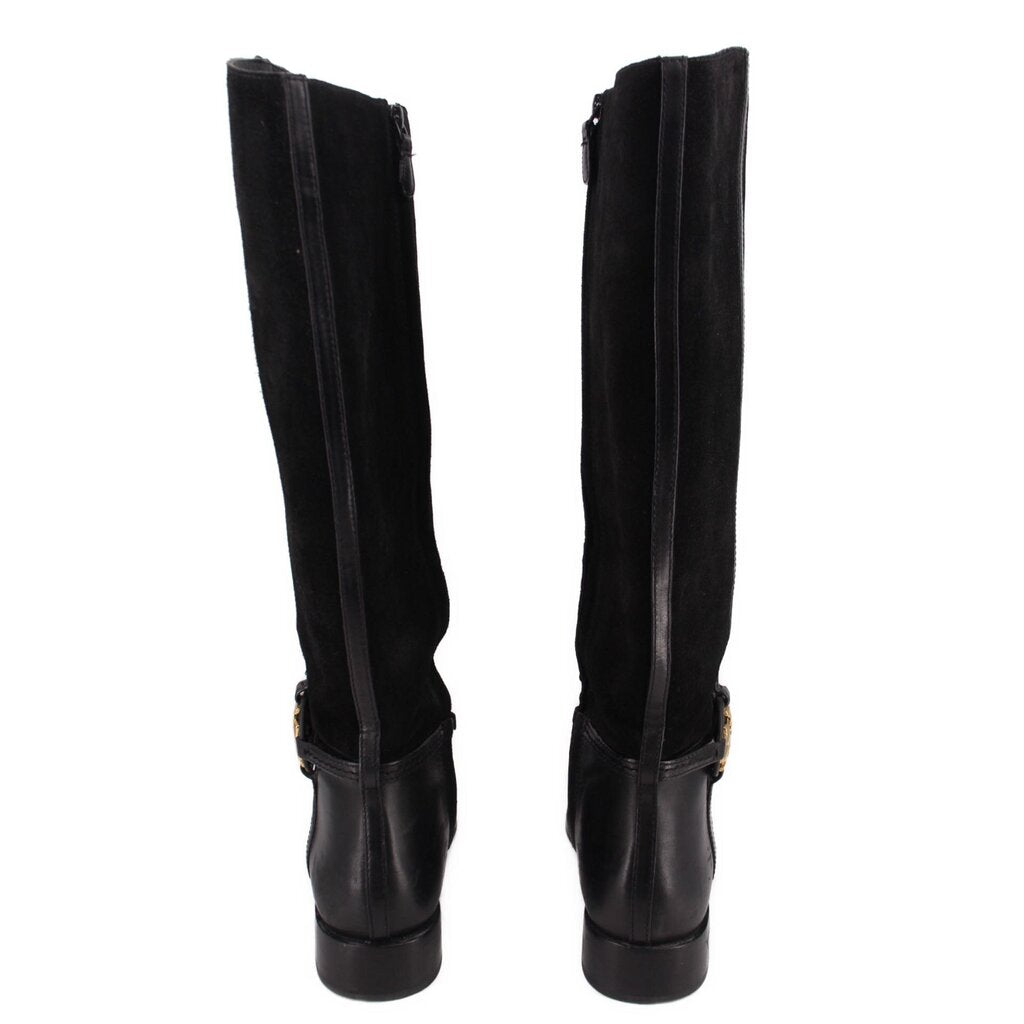 Black knee-high riding boots, back view with zipper panels and cuff strap detail