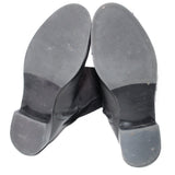 Bottom view of black boots showing rubber soles and heel tread
