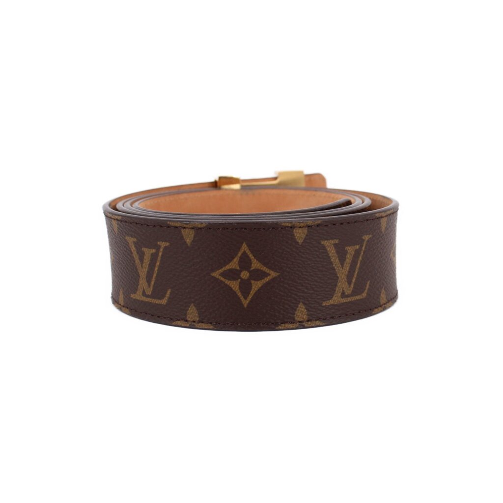 LOUIS VUITTON monogram belt in brown with tan lining and gold buckle top view