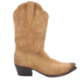 Tan suede cowboy boot with pull-on shaft, western stitching, and block heel