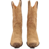 Pair of tan suede cowboy boots, pointed toe and embroidered side panels
