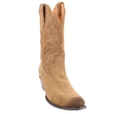 Tan suede cowboy boot with embroidered shaft, pointed toe, and low stacked heel