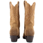 Back view of tan suede cowboy boots with embroidered shaft and stacked heel