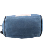 Denim blue pouch with gathered top and black drawstring cords