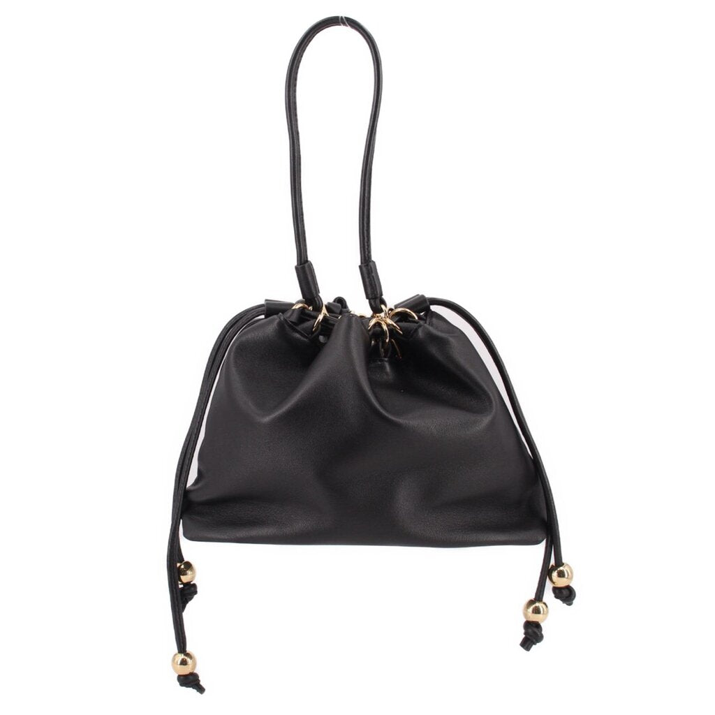 Black drawstring handle bag with gold-tone hardware and short carry handles