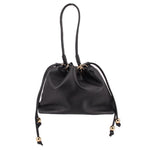 Black drawstring handle bag with gold-tone hardware and short carry handles