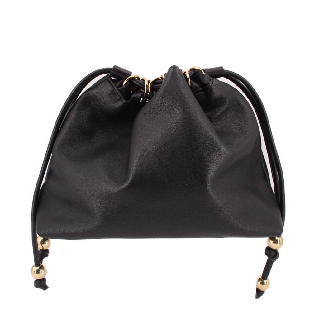 Black drawstring handle bag with gathered top and gold-tone cord details