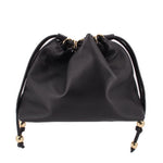 Black drawstring handle bag with gathered top and gold-tone cord details