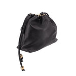 Black drawstring handle bag with textured surface and dangling tassel cords