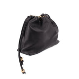 Black drawstring handle bag with curved strap and gold-tone hardware accents