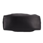 Black drawstring handle bag, rounded side panel with stitched seam detail
