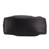 Black drawstring handle bag, rounded side panel with stitched seam detail