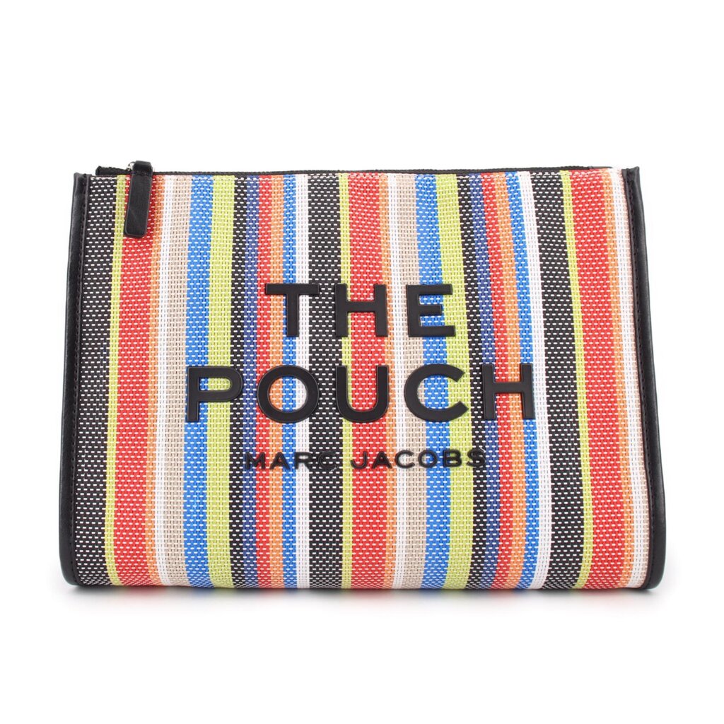 Striped mesh large pouch with black leather trim, zip closure and logo lettering