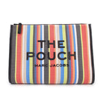 Striped mesh large pouch with black leather trim, zip closure and logo lettering
