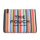 Striped mesh large pouch with black leather trim, zip closure and logo lettering