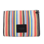 Striped mesh pouch with black back patch, top zip and black side trim