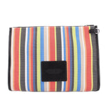 Striped mesh pouch with black back patch, top zip and black side trim