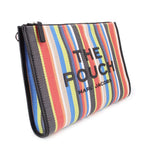 Striped mesh zip pouch with black trim and wrist strap; multicolor vertical stripes