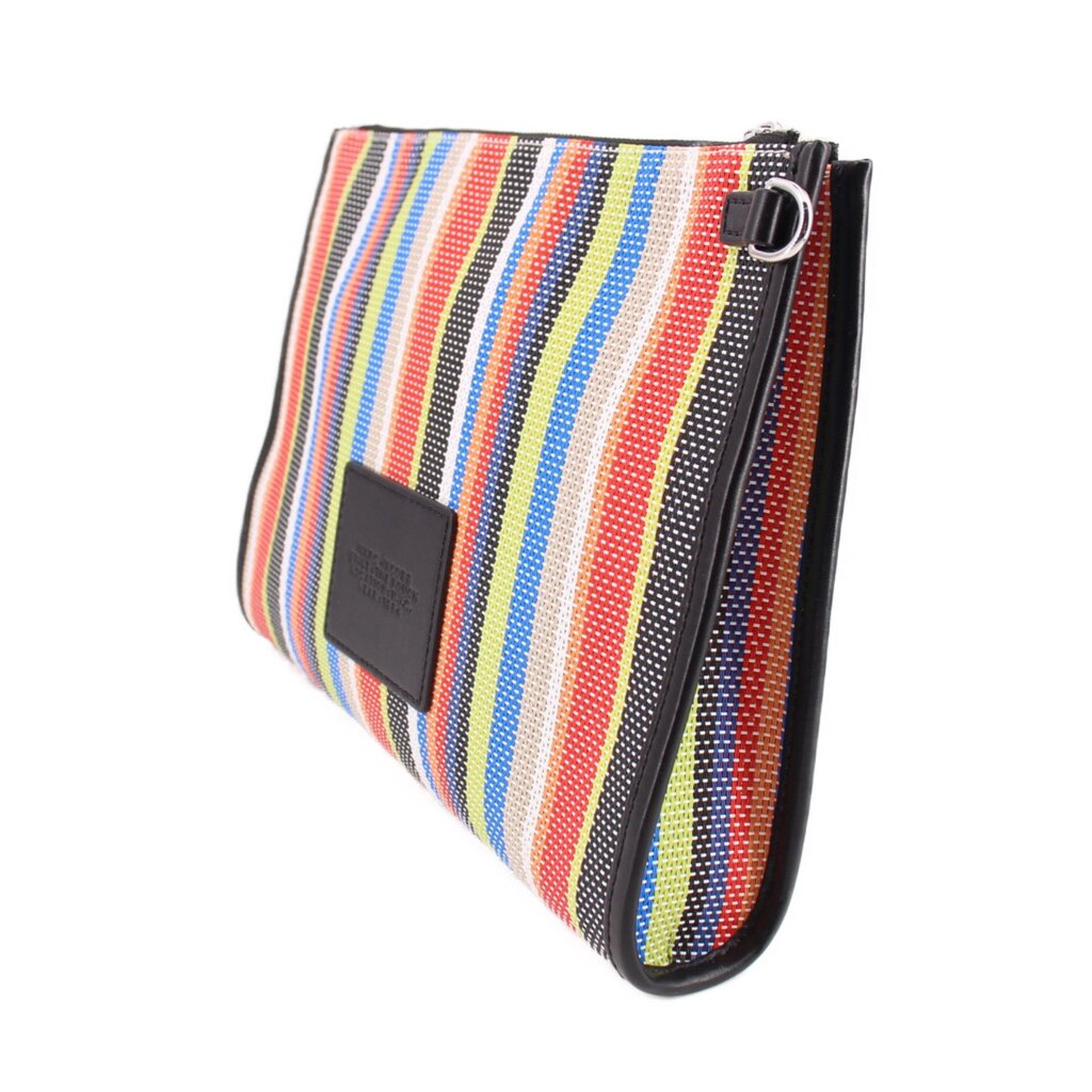 Striped mesh large pouch with black zip pull and two-tone black patch logo