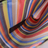 Close-up of multicolor striped mesh pouch with black trim and stitched edge