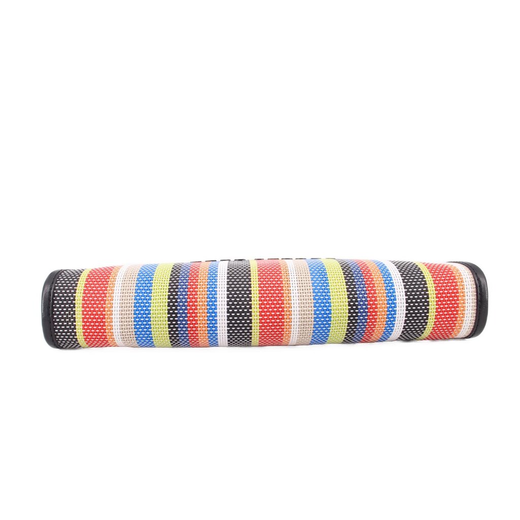 Rolled view of multicolor striped mesh pouch with black trim and zip top