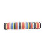 Rolled view of multicolor striped mesh pouch with black trim and zip top
