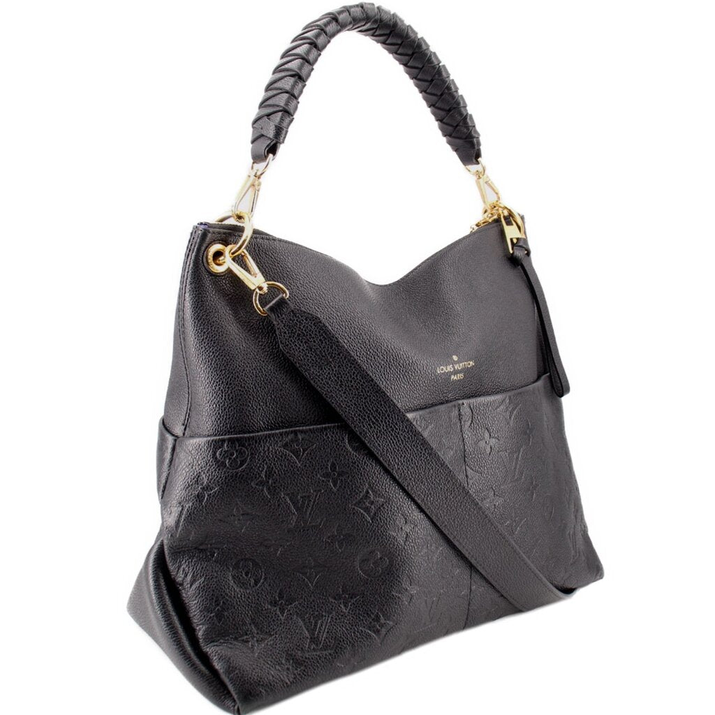 Black empriente hobo crossbody bag side view, braided handle, monogram embossing