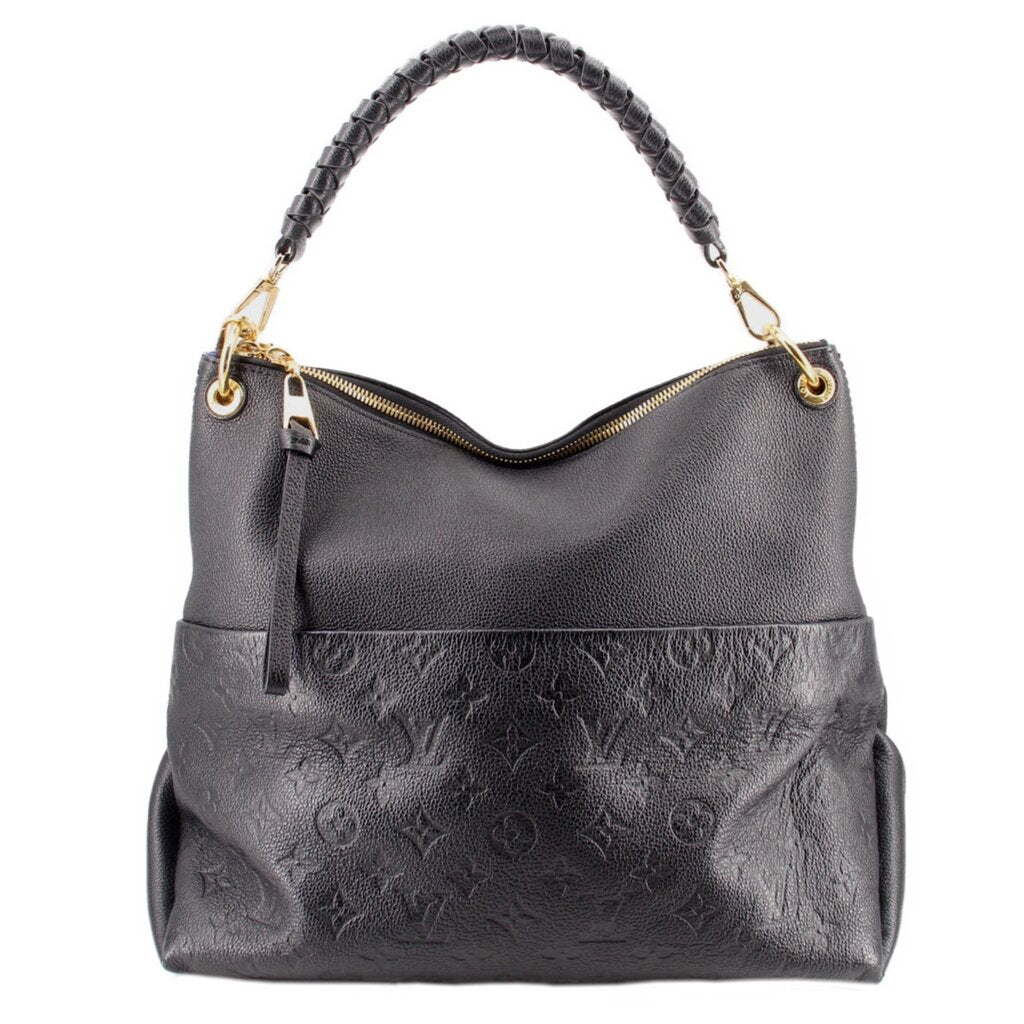 Black empriente hobo crossbody bag with top zip pocket, gold hardware, monogram embossing