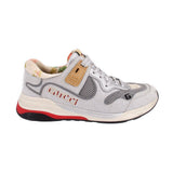 GUCCI Ultrapace silver sparkling sneakers with side mesh panels, lace-up, and red sole trim