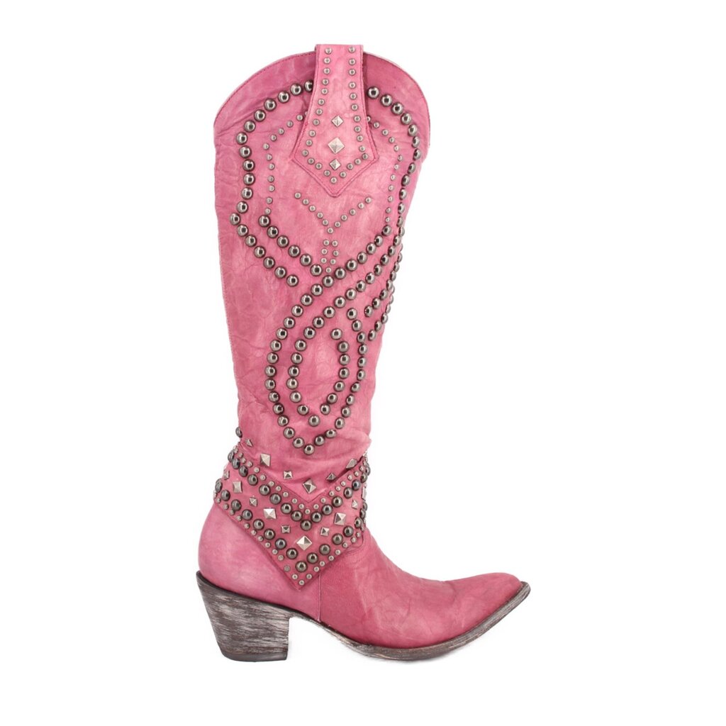 Mauve cowboy boots with ornate stud detailing on shaft and heel