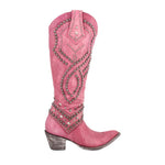Mauve cowboy boots with ornate stud detailing on shaft and heel