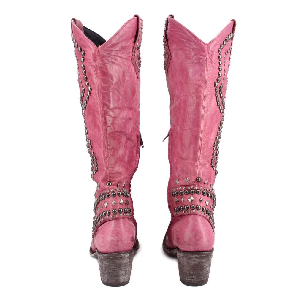 Mauve cowboy boots with high shaft and studded trim at toe and cuff