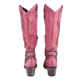 Mauve cowboy boots with high shaft and studded trim at toe and cuff