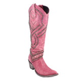Mauve studded cowboy boots with pointed toe and stacked heel