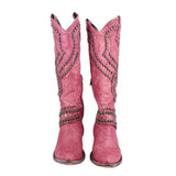 Pair of mauve cowboy boots with studded side panels and block heel