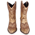 Pair of gold cowboy boots with ornate floral embroidery and brown stacked heel