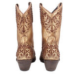 Gold cowboy boots with floral embroidery on back shaft and low stacked heel