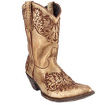 Gold cowboy boots with floral scroll embroidery and studded shaft, mid-calf height